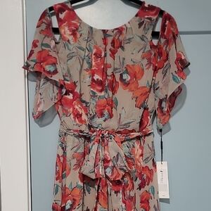 Calvin Klein Beige Maxi Dress with Red and Teal Floral Design (NWT)